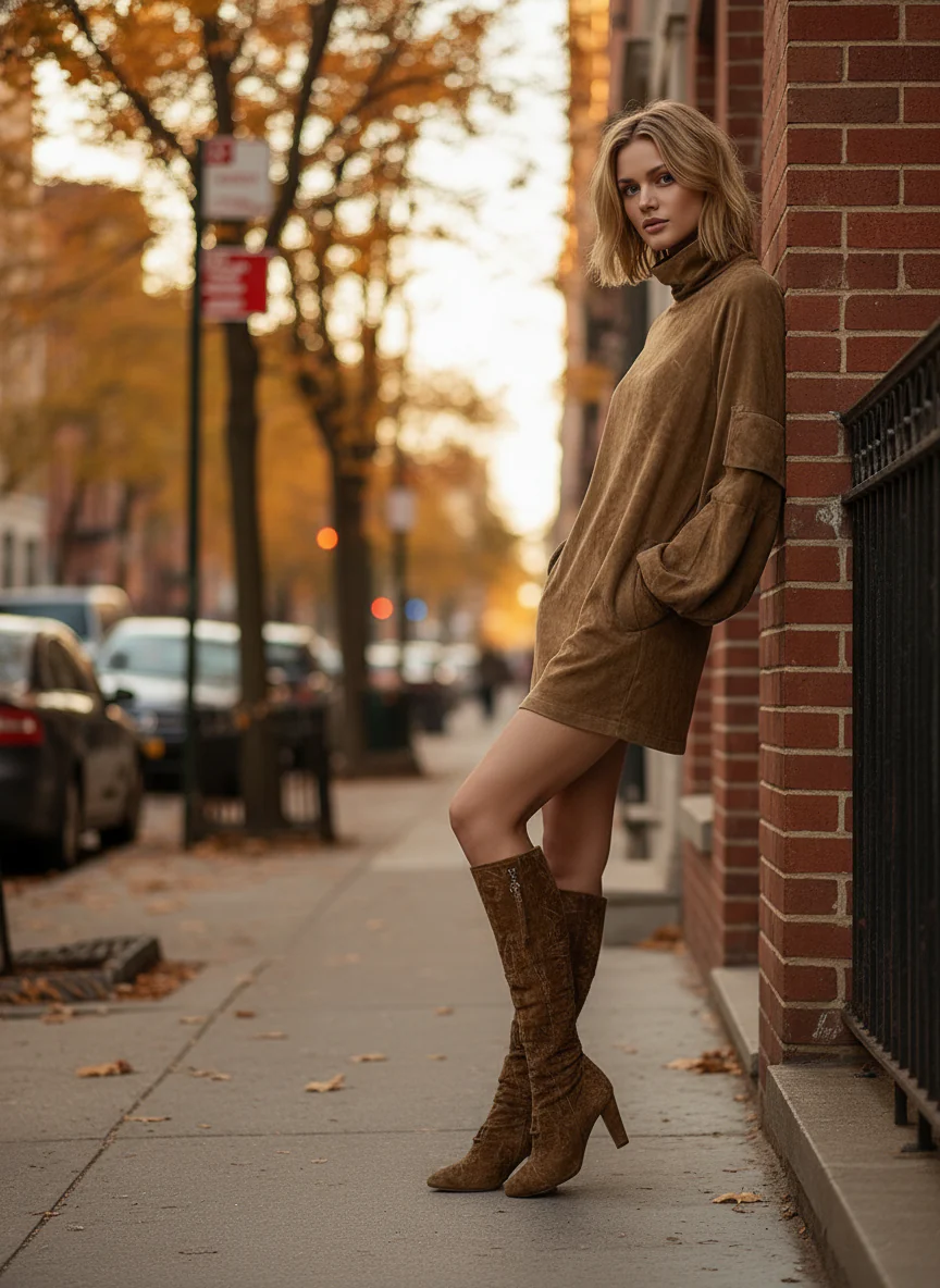 LUNAIRE | VESTIDO DE ANTE CON CUELLO LARGO